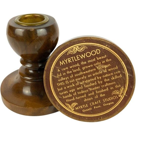 Myrtlewood Candle Holders Pair Grants Pass Oregon Hand-Turned Brass Inserts Vtg - Picture 3 of 6